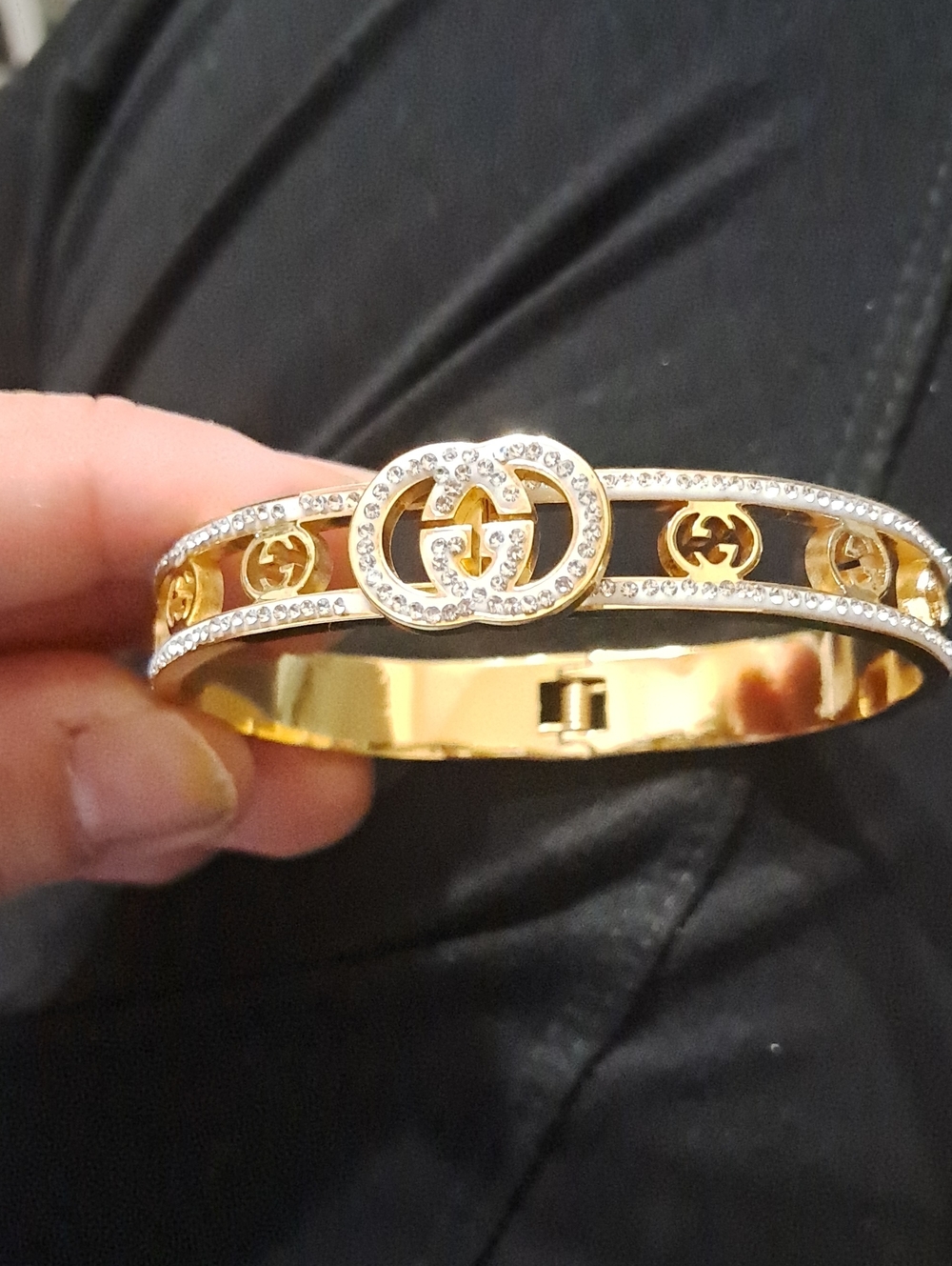 Gold and Silver Crystal Interlocking G Hinged Bangle - Picture 2 of 2